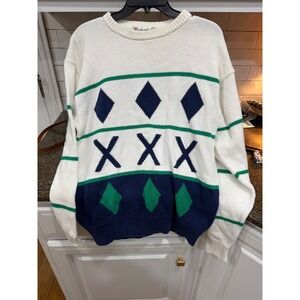 vtg parker of vienna xl white sweater with argyle print‎